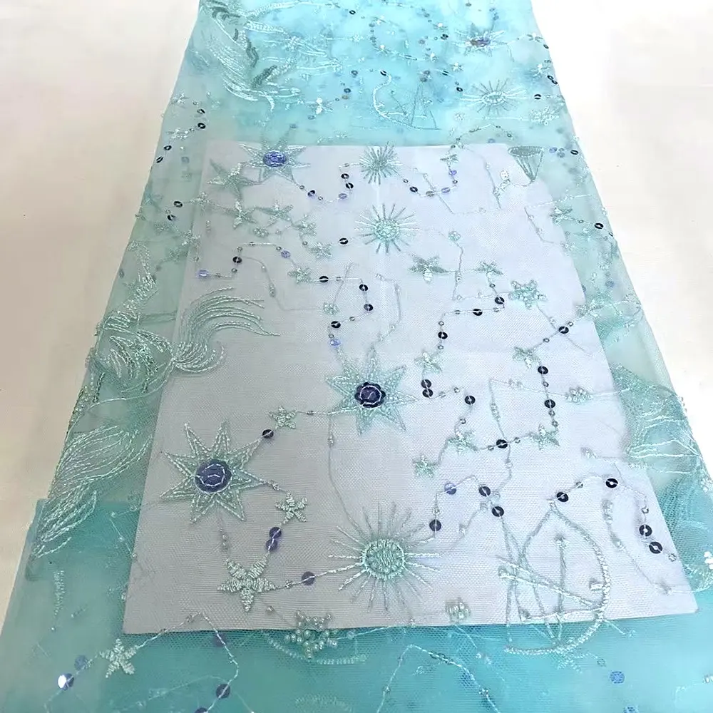 2022 New Design Cute Pattern Children's Light Blue Sequins Beads Embroidery Soft Tulle Fabric for Children's Skirt
