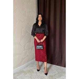 Elegante Falda Midi Brillante de Cintura Alta con Lentejuelas Color Borgoña para Mujer, 100% Poliéster - Product Image 4