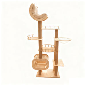 Arbre à chat en bois massif multi-niveaux avec cadre tressé, colonnes en corde de chanvre et sisal, et niche cabane intégrée - Product Image 4