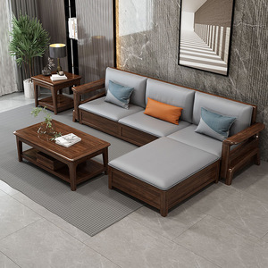 L-Shaped Solid Wood <b>Sofa</b> With Storage <b>Foam</b> Cushion Living Room Furniture - Product Image 4