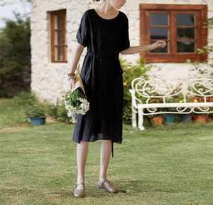 <b>Women's</b> Knitted <b>Linen</b>/Cotton Maxi A-Line <b>Dress</b> Puffed Short Sleeves V-Neck Belt Casual Breathable Eco-Friendly Washable Plus - Product Image 1