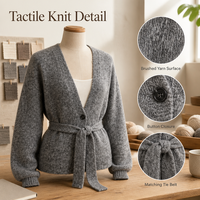Cardigan long en tricot doux brossé personnalisé pour femme, col en V, ceinturé, à bouton unique, manches bouffantes, style décontracté, pour l'hiver