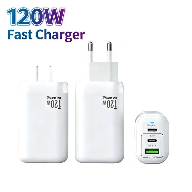 Factory Wholesale 120W GaN 3-Port Phone Charger Fast US EU Plug Multi Port PD USB-A Wall Charger Adapter Bulk Supply