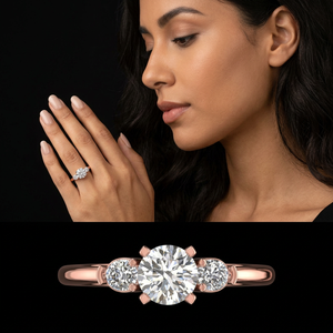 Bague de fiançailles et de mariage de luxe en diamant rond taille brillant, plaqué or rose 18 carats, sertie à griffes, pour femme - Product Image 1
