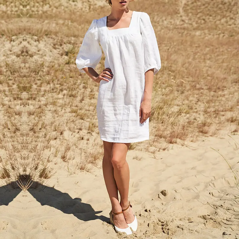 Custom 2024 Ladies Causal Square Neck Half Short Solid Color Simple White Linen Cotton Puff Sleeve Summer Mini Dress Women Bulk