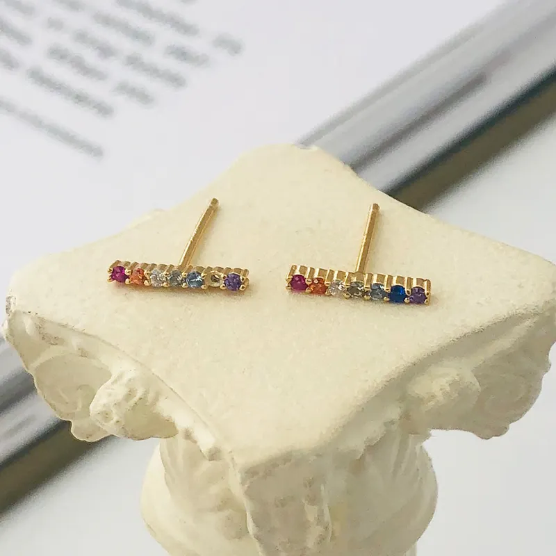 Girls Fashion Jewelry Geometry Earrings Gold Plated Sterling Silver 925 Colored AAA Zircon Strip Stud Earrings