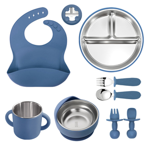 Juego de plato y tazón con ventosa para niños pequeños, 8 piezas, acero inoxidable, silicona, tenedor, cuchara, libre de BPA, diseño de dibujos animados, plato dividido - Product Image 1