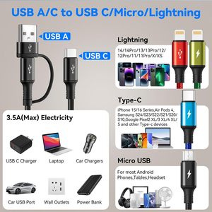 สายชาร์จหลายหัว, แพ็คคู่ 6 ฟุต, สายชาร์จ USB แบบ 6 in 1, ชาร์จเร็ว รองรับพอร์ต IP/Type C/Micro USB สำหรับ<span class=keywords><strong>โทรศัพท์</strong></span>มือถือ - Product Image 4