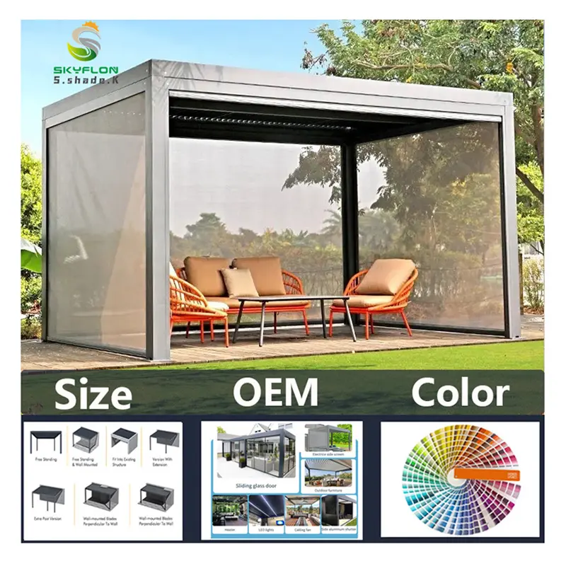 OEM 3*5 5*10 10*15 kolayca monte Modern bahçe açık alüminyum Louvered biobioclimatique elektrikli veranda Gazebo Pavilion