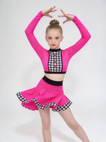 Tenue de danse pour filles, rose vif, motif pied-de-poule, ensemble 2 pièces, haut court à manches longues et jupe, pour la danse jazz, le claquettes et les compétitions sur scène