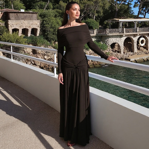 เดรสยาวทรงเอไลน์แบบรัดเอวเปิดไหล่สไตล์ฝรั่งเศส แขนยาว ผ้าเรียบหรู เหมาะสำหรับงานเลี้ยงกลางคืน - Product Image 5