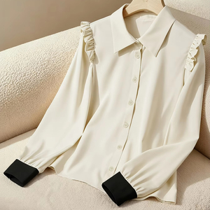 Elegante Camisa de Estilo Francés con Mangas Holgadas Tipo Globo |   Blusa de manga larga con bloques de color para mujer, cuello vuelto, estilo vintage, color liso - Product Image 1