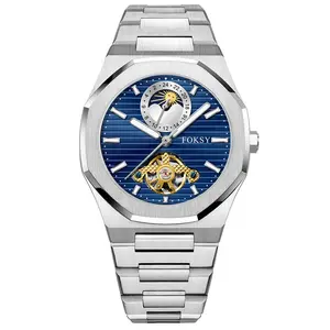 Jam tangan Semi Skeleton pria, arloji otomatis klasik mewah warna biru untuk pria