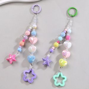 Porte-clés perlé QIANJIE JY-002 esthétique Y2K, <span class=keywords><strong>pendentif</strong></span> de <span class=keywords><strong>téléphone</strong></span> mignon en acrylique couleur macaron avec breloques cœur, étoile et fleur - Product Image 4