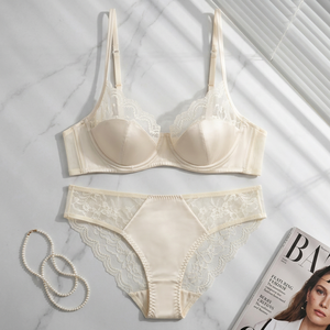 Conjunto de Lencería de Satén con Encaje Floral para Mujer, Estilo Francés, Elegante y Sexy, Conjunto de Sujetador con Aros y Copa 3/4 y Braguita, 2 Piezas - Product Image 2