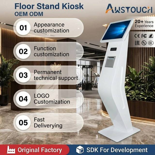 AWSTOUCH 15.6-Inch Self-Service Queue Inquiry Kiosk with Printer and Card Reader