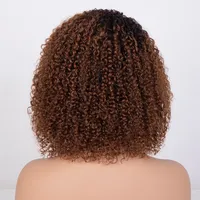 Perruques en cheveux humains Remy bouclés afro avec frange mèches marron/blondes, perruque brésilienne 4A coupe bob pour femmes (couleurs plus foncées)