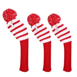 Knit Golf Club Cover Set of 3 Stripes Golf Headcover Driver Cover Set Red and White Head Covers