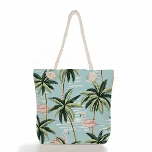 Neue Hot Sell Print große Kapazität Reiß verschluss einzelne tropische Kokospalme Seil Griff Schulter tasche Strand tasche für Damen