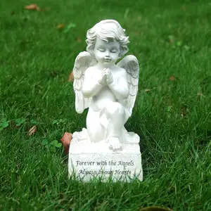 Resin Art Creamy-White Angelic Praying On Base Latex Angel Statue For Decor