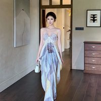 Robe longue imprimée pour femme à bretelles spaghetti, col en V, ample et fluide, imprimé abstrait peinture à l'huile, robe nuisette pour la plage et le quotidien