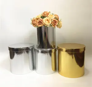 Cubo grande de papel de aluminio brillante, conjunto de 3 piezas, cubo redondo, caja de flores, caja de regalo de flores