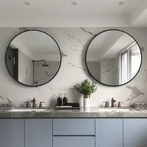 Espejo de pared redondo enmarcado negro personalizado espejo de baño redondo grande de oro negro