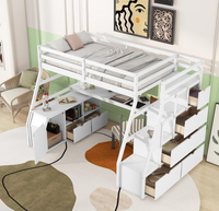 Hochbett mit Schreibtisch und Treppe, Holz-Hochbetten mit Schrank und 7 Schubladen und 2 Regalen, Hohes Hochbettgestell mit Stufe für Kinder