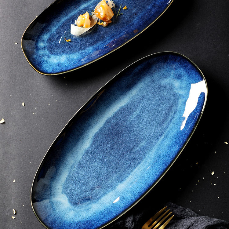 Sustainable Ceramic Reacted Glazed Oval Fish Plate Deniform Sushi Plate for Hotel Restaurant Commerc