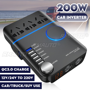 อินเวอร์เตอร์ในรถยนต์ 200W 12V/24V เป็น 220V อะแดปเตอร์แปลงไฟจากที่จุดบุหรี่ พร้อม QC 3.0 ช่องเสียบ USB 5 ช่อง ชาร์จเร็ว - Product Image 1