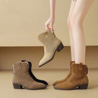 Sepatu Boots Pendek RLT Vintage Ujung Runcing Model Baru Bahan Kulit Sapi Fashion Berongga Nyaman Hak Sedang Sepatu Boots Wanita Ukuran 34-41