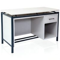 Bureau d'enseignant avec compartiment de rangement ouvert, table d'étude blanche à hauteur fixe avec structure métallique, mobilier scolaire robuste