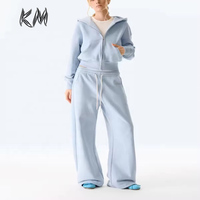 Ensemble de survêtement 2 pièces pour femme, personnalisé, uni, avec sweat à capuche court zippé, en coton French Terry brodé, style décontracté et ample