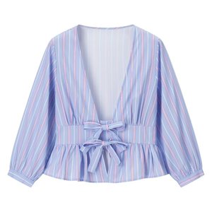 New Women's Bow-Trim Striped Shirt &amp; Striped Bow-Trim Wide-Leg <strong>Pants</strong> 2-Piece Set Sehe Fashion - Product Image 3