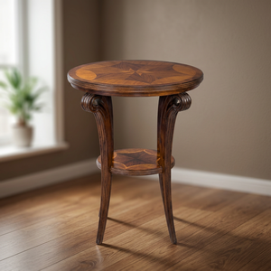 Table basse en bois traditionnelle faite à la main avec plateau incrusté et étagère inférieure, design antique pour le salon - Product Image 2