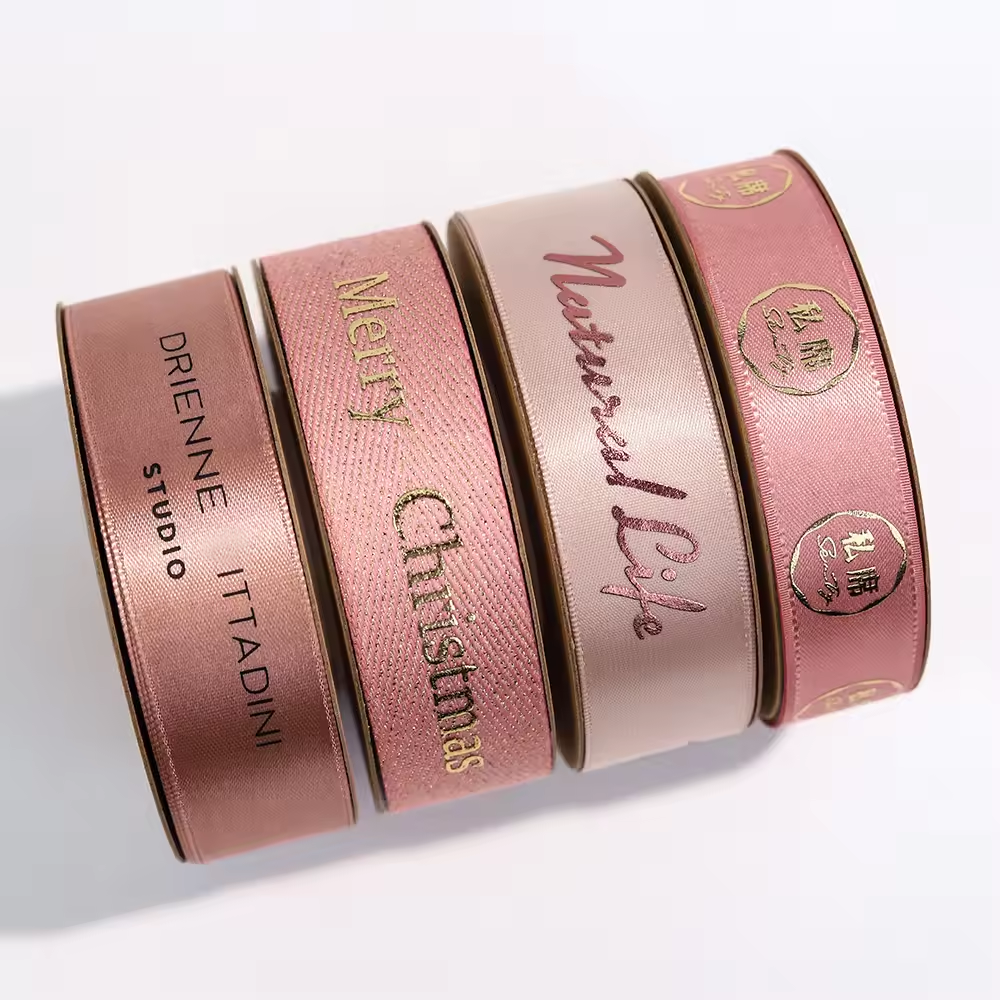 Custom Gold Foil 3d Embossed Printed Gift Polyester Satin Ribbon with logo Gift Packaging Ribbon Embossed logo Ribbon