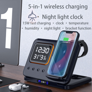 Vente en gros 15W Support de téléphone à charge rapide Chargeur sans fil pour <span class=keywords><strong>iPhone</strong></span> Température Humidité Réveil 5 en 1 pliable sans fil - Product Image 5