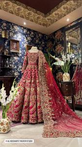 Luxurious Red Embroidered Georgette Ball Bridle Gown Dress With Jewel Neck Full Sleeve And Beading For <b>Wedding</b> Occasion - Product Image 2
