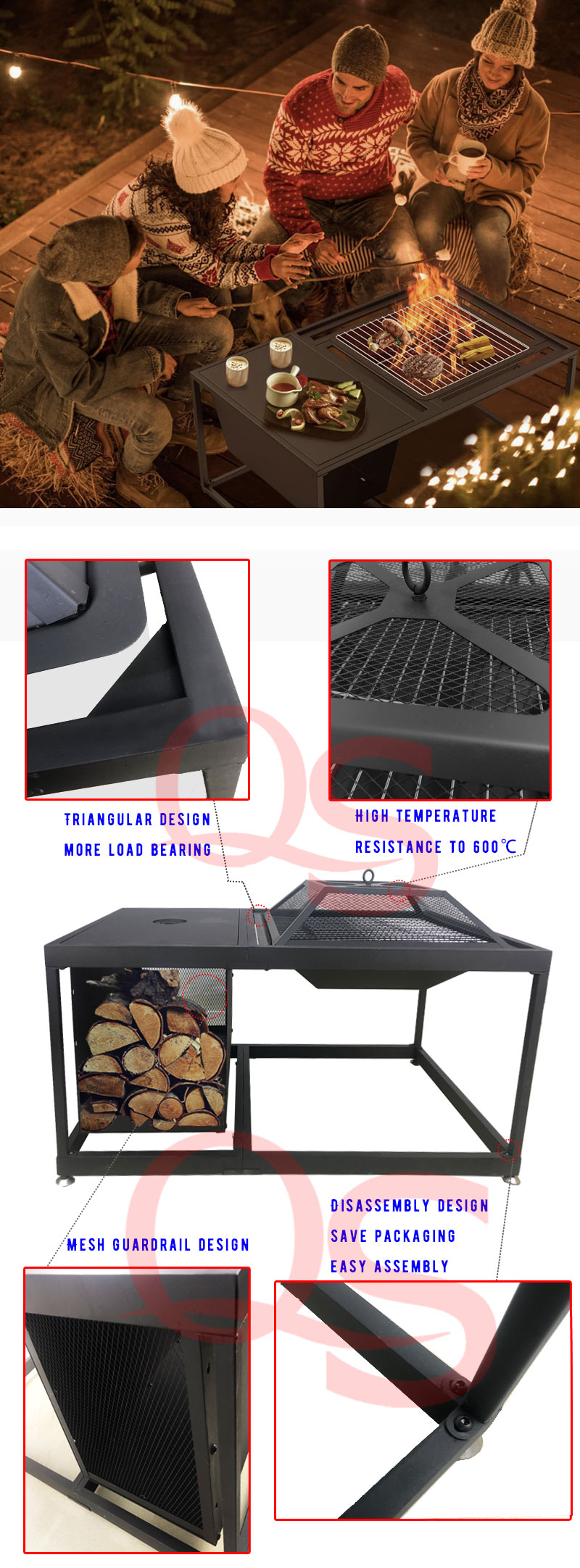 New rectangular fire pit table firewood savings outdoor heating yard party