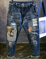 Rétro américain Patchwork Patched Hole Jeans Hommes Trendy Slim Fit Stretch Style Coréen Trendy Long Pants