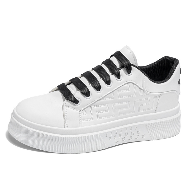 Men's Versatile White PU Sneakers Breathable Height Increasing Sports Shoes with Cotton Lining Solid Color Lace-Up Design