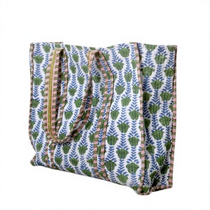 Large Cotton Quilted Tote <b>Bag</b> with Green Blue Pattern Hand Length Handle for Shopping Groceries - Product Image 1