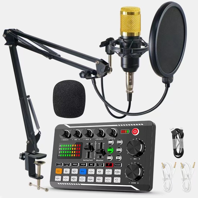 F998 Condenser Microphone Sound Card Kit Wireless BT Noise Cancelling 3.5mm/USB2.0 Interface Recording Karaoke Live Podcast