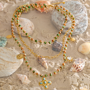 Collana Lunga a Tre Strati con Perline di Vetro Vintage Elegante XY Personalizzata con Ciondolo a Croce Placcato Oro per Regalo - Product Image 2