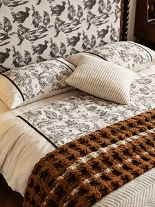 Traditional Upholstered Wooden <b>Bed</b> Frame Queen Size Fabric Headboard <b>Storage</b> <b>Bed</b> with Toile Pattern Mahogany Finish - Product Image 2
