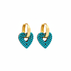 Pendientes de aro colgantes con diseño de corazón delicado de piedra CZ turquesa hechos a mano, joyería de plata de ley 925 al por mayor - Product Image 2