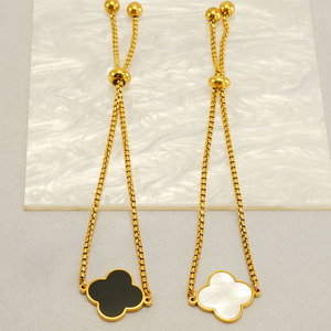 Adjustable 18K Gold Plated Stainless Steel <b>Shell</b> Pearl Zircon Four-Leaf Clover Shape Chain & Link <b>Bracelet</b> Bangles for Girl Gift - Product Image 5
