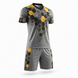 Ensemble de maillots de football en acier à motif hexagonal, argent, noir, jaune, kits de football personnalisés, uniforme d'équipe entièrement sublimé, vente en gros - Product Image 5