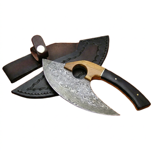 Handcrafted Alaskan Ulu Knife Forged Damascus Steel Ulu Mincing Knife Ergonomic Grip Heavy Duty Kitchen Cleaver with Genuine Lea - Product Image 1