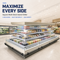 Commerciële supermarkt ronde vierkante eilandvitrine open koeler voor fruit, groenten, dranken en zuivel